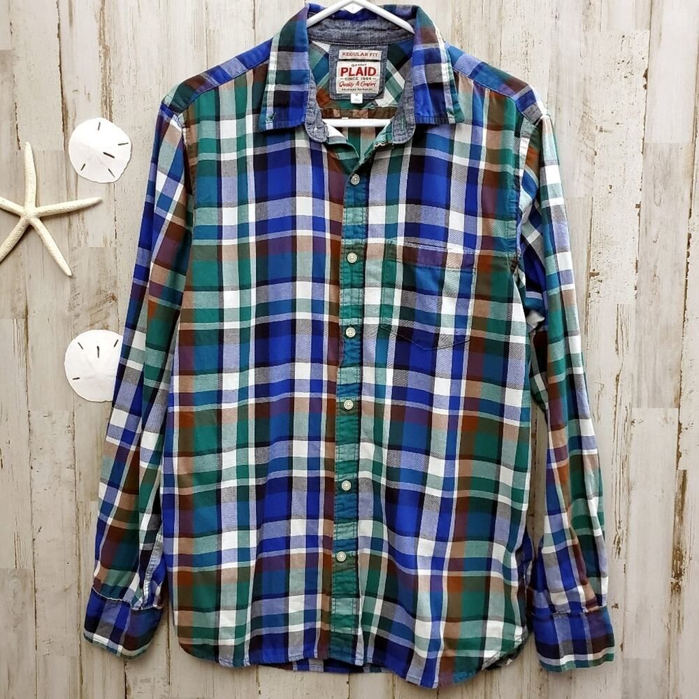 Old Navy Button Down Shirt Blue Plaid Size Medium